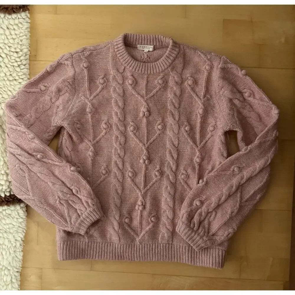 Demylee Cable Sweater Chunky Cable knit Fisherman Crew Neck Wool Mohair Pink S - Picture 1 of 3